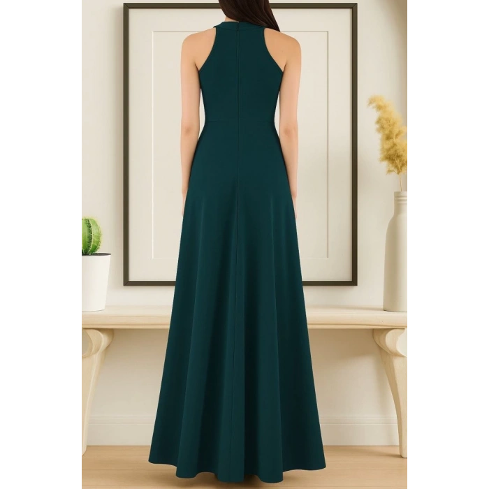 Kadın Kolsuz Halter Yaka Derin Yırtmaç Detaylı Tam Boy Ithal Krep Elbise