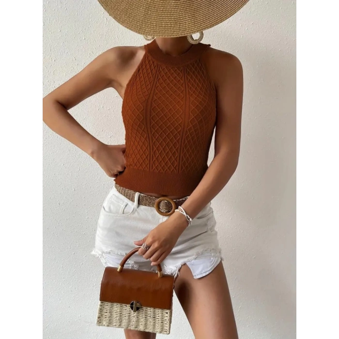 Kadın Kolsuz Halter Yaka Mini Baklava Desenli Triko Bluz