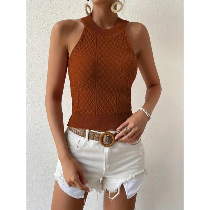 Kadın Kolsuz Halter Yaka Mini Baklava Desenli Triko Bluz