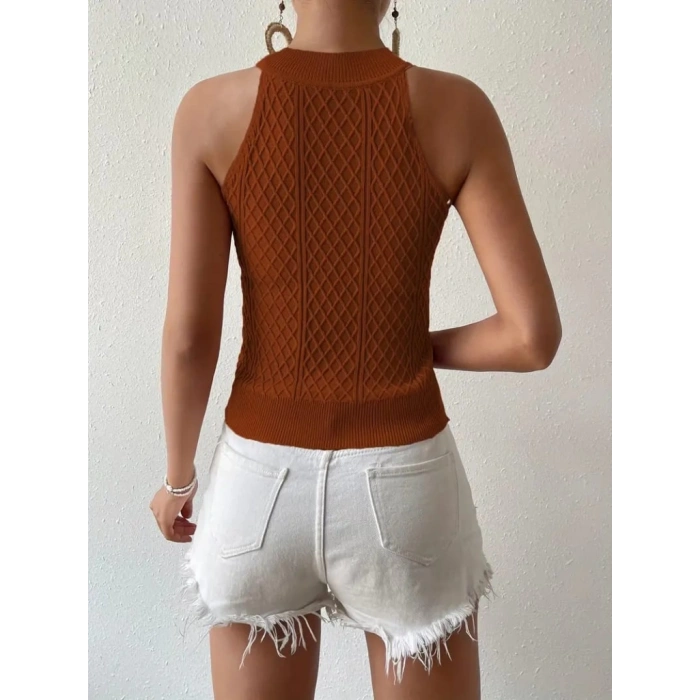 Kadın Kolsuz Halter Yaka Mini Baklava Desenli Triko Bluz