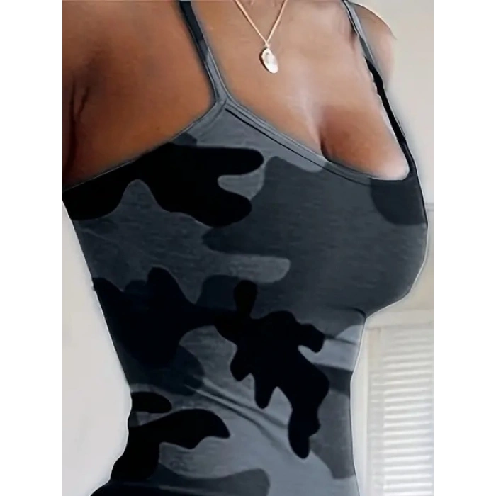 Kadın Kolsuz Ip Askılı Kamuflaj Baskılı Viskon Elbise