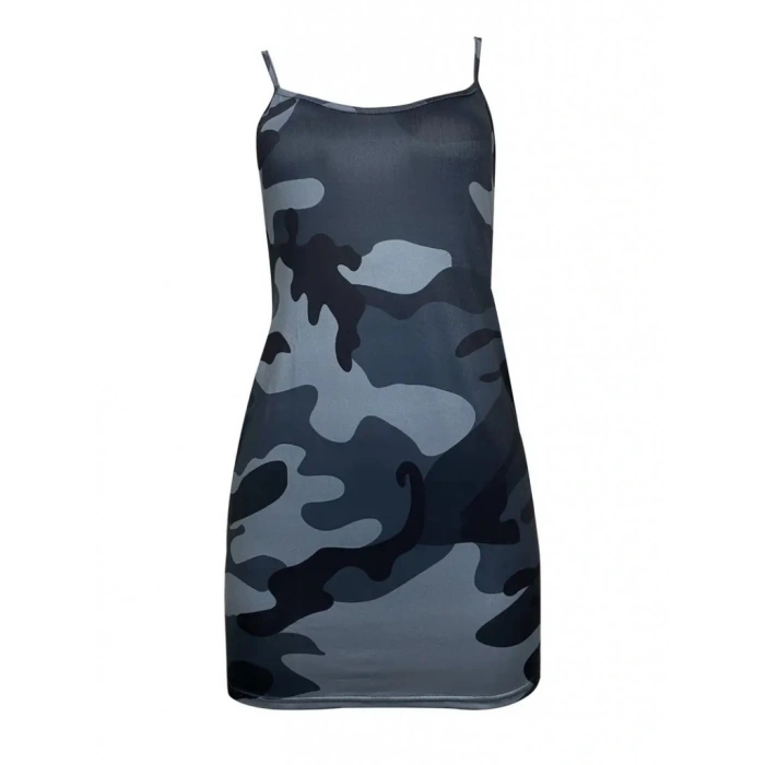 Kadın Kolsuz Ip Askılı Kamuflaj Baskılı Viskon Elbise