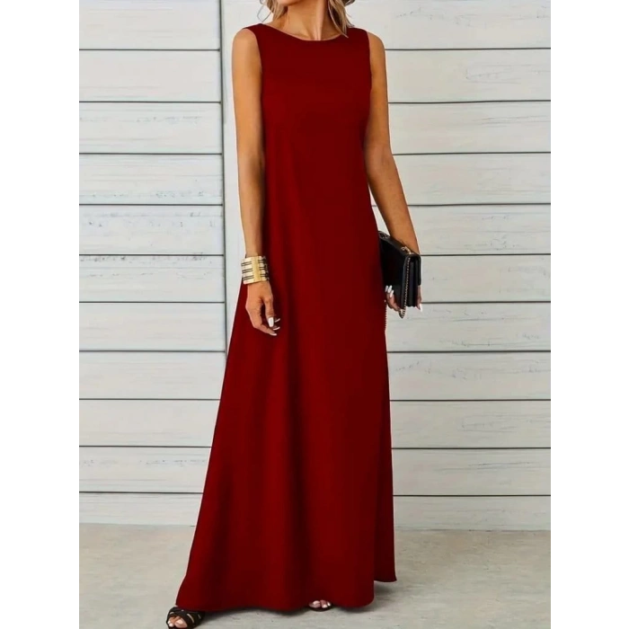 Kadın Kolsuz Kayık Yaka Maksi Janjan Krep Elbise