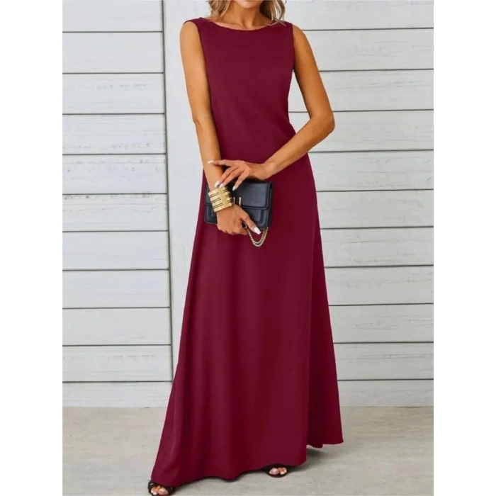 Kadın Kolsuz Kayık Yaka Maksi Janjan Krep Elbise