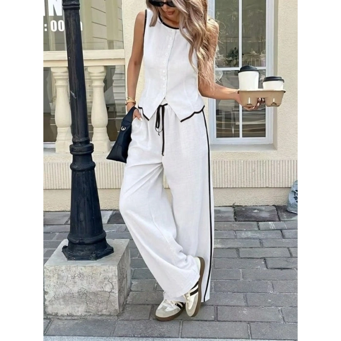 Kadın Kolsuz önü Düğmeli Yelek Ve Pantolon Ikili Takım