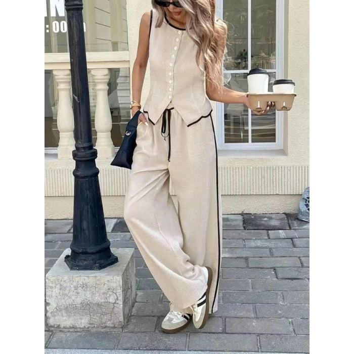 Kadın Kolsuz önü Düğmeli Yelek Ve Pantolon Ikili Takım