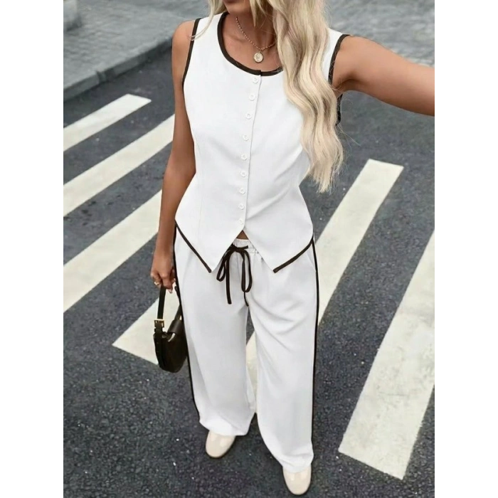 Kadın Kolsuz önü Düğmeli Yelek Ve Pantolon Ikili Takım