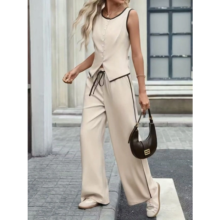 Kadın Kolsuz önü Düğmeli Yelek Ve Pantolon Ikili Takım