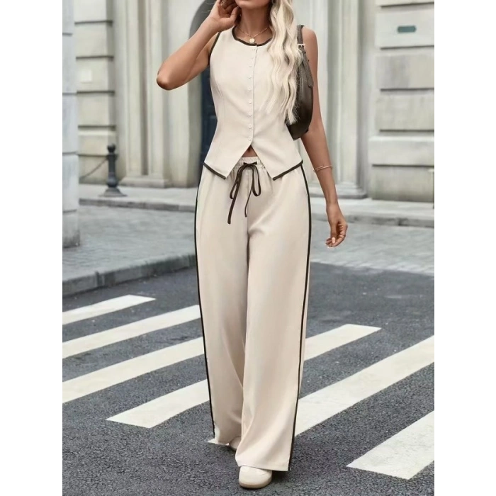 Kadın Kolsuz önü Düğmeli Yelek Ve Pantolon Ikili Takım