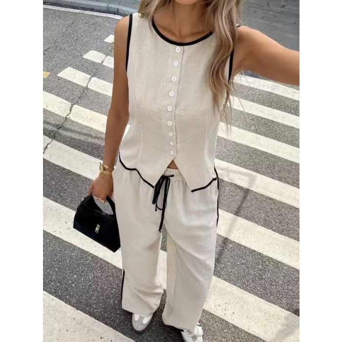 Kadın Kolsuz önü Düğmeli Yelek Ve Pantolon Ikili Takım