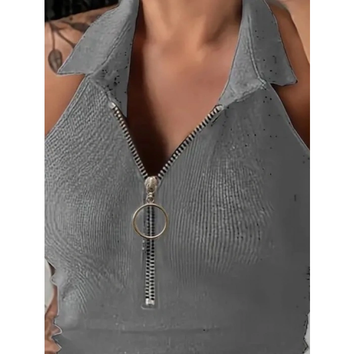 Kadın Kolsuz Polo Yaka önü Fermuarlı Kaşkorse Bluz