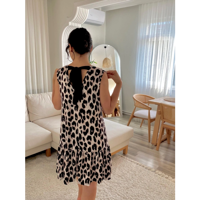 Kadın Kolsuz Sırttan Bağlamalı Fırfırlı Leopar Desenli Süprem Elbise