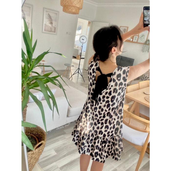 Kadın Kolsuz Sırttan Bağlamalı Fırfırlı Leopar Desenli Süprem Elbise
