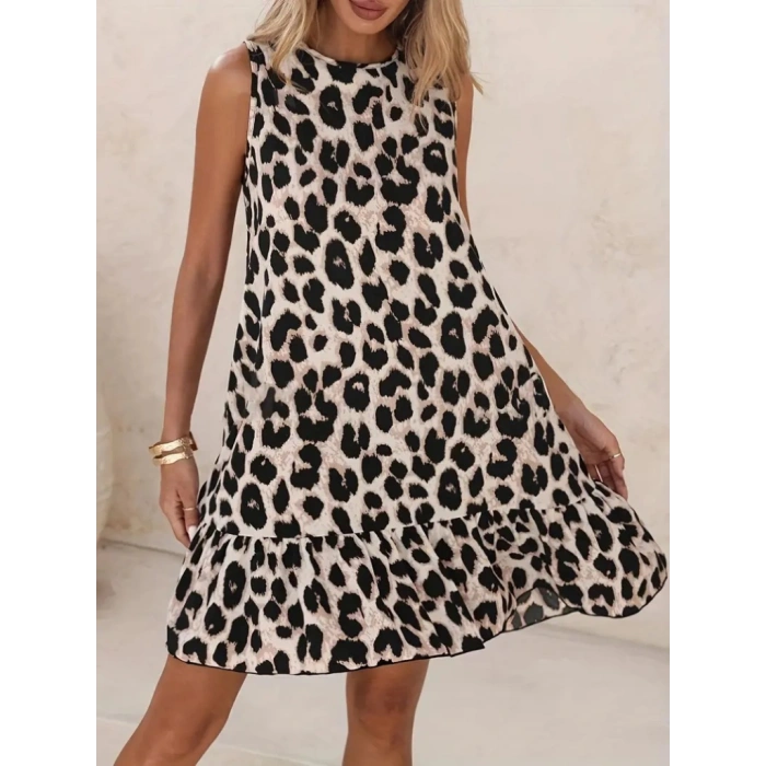 Kadın Kolsuz Sırttan Bağlamalı Fırfırlı Leopar Desenli Süprem Elbise