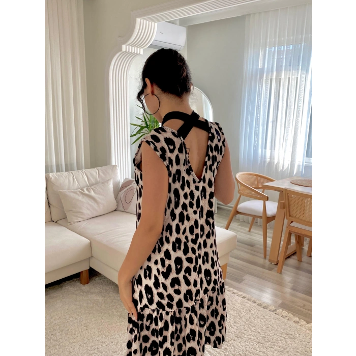 Kadın Kolsuz Sırttan Bağlamalı Fırfırlı Leopar Desenli Süprem Elbise