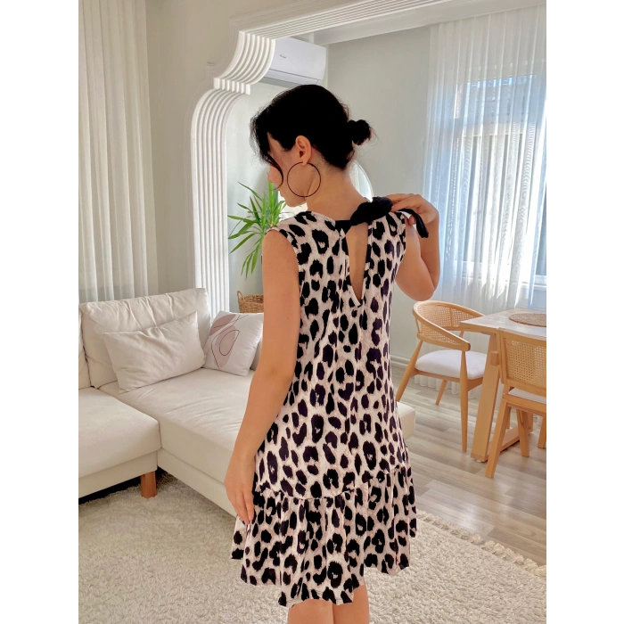 Kadın Kolsuz Sırttan Bağlamalı Fırfırlı Leopar Desenli Süprem Elbise