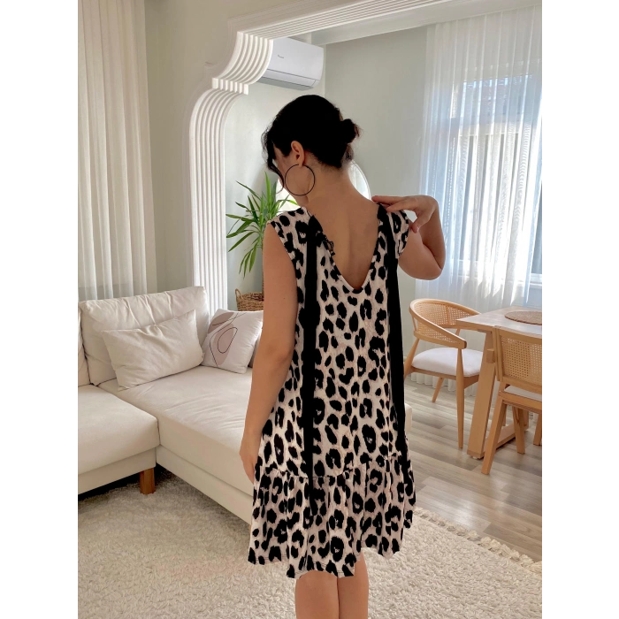 Kadın Kolsuz Sırttan Bağlamalı Fırfırlı Leopar Desenli Süprem Elbise