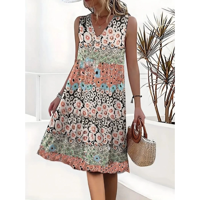 Kadın Kolsuz V Yaka çiçek Desenli Süprem Elbise