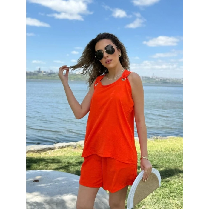 Kadın Kolsuz V Yaka Kuş Gözü Detay Bluz Short Aerobin Ikili Takım