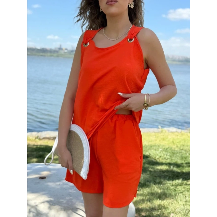 Kadın Kolsuz V Yaka Kuş Gözü Detay Bluz Short Aerobin Ikili Takım