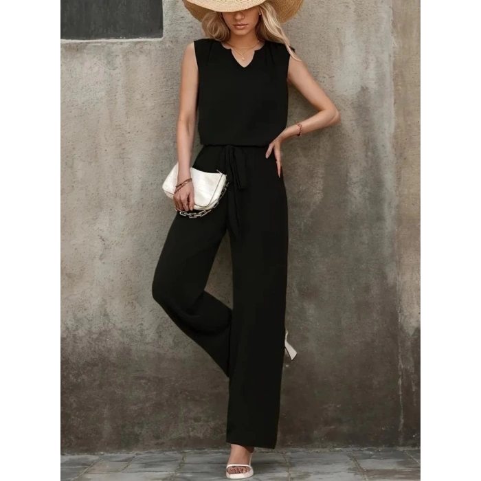 Kadın Kolsuz V Yakalı Aerobin Bluz Ve Belden Kuşaklı Pantolon Ikili Takım