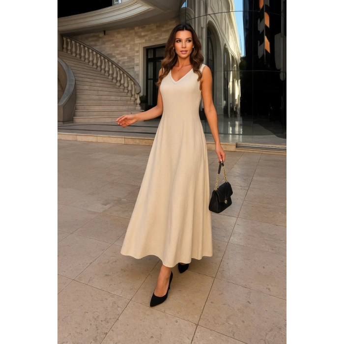 Kadın Kolsuz V Yakalı Maksi Boy Ithal Keten Elbise
