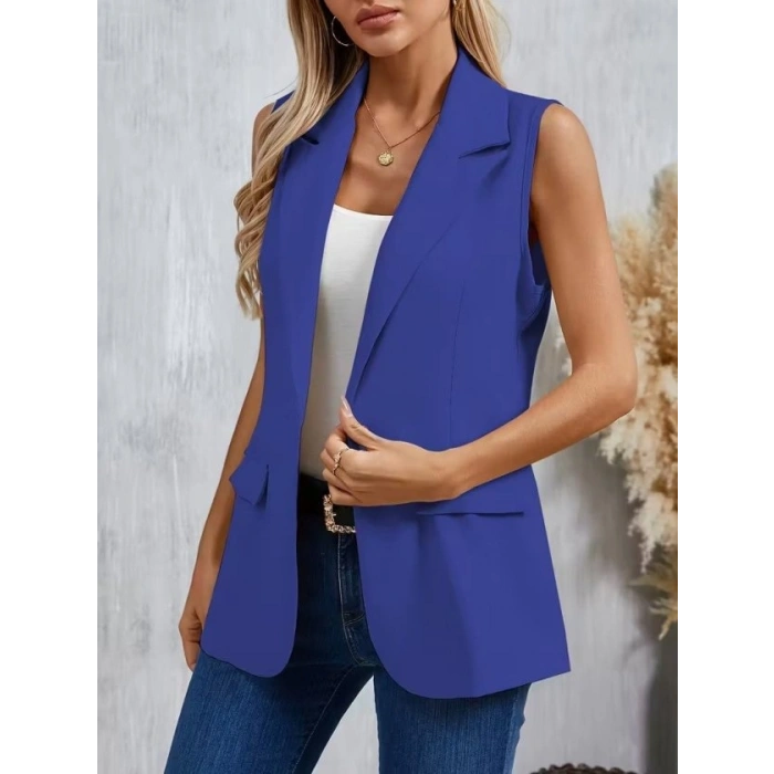 Kadın Kolsuz Yakalı önden Tek Düğmeli Atlas Ceket