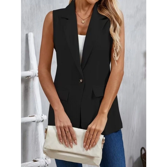 Kadın Kolsuz Yakalı önden Tek Düğmeli Atlas Ceket