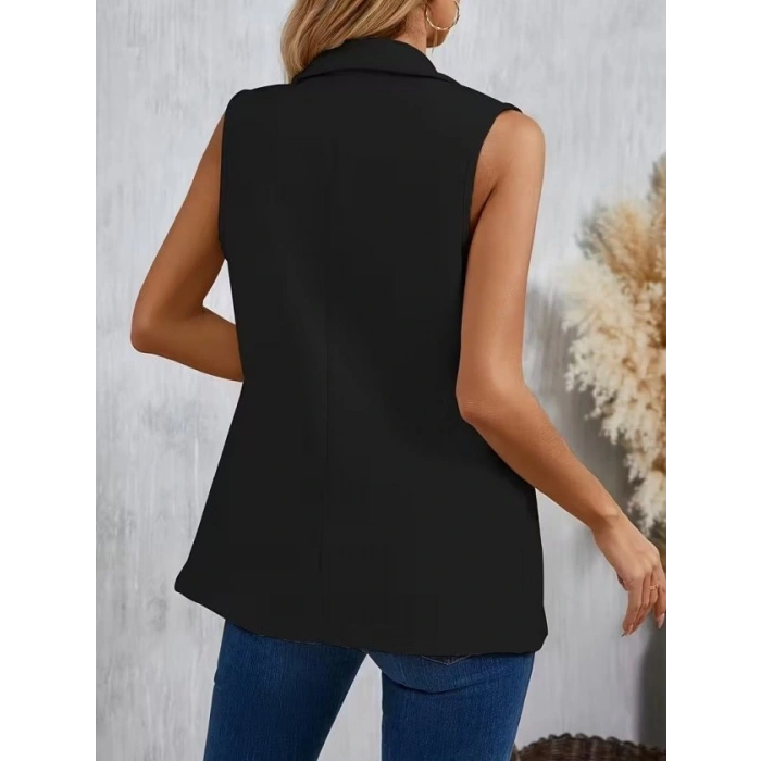 Kadın Kolsuz Yakalı önden Tek Düğmeli Atlas Ceket