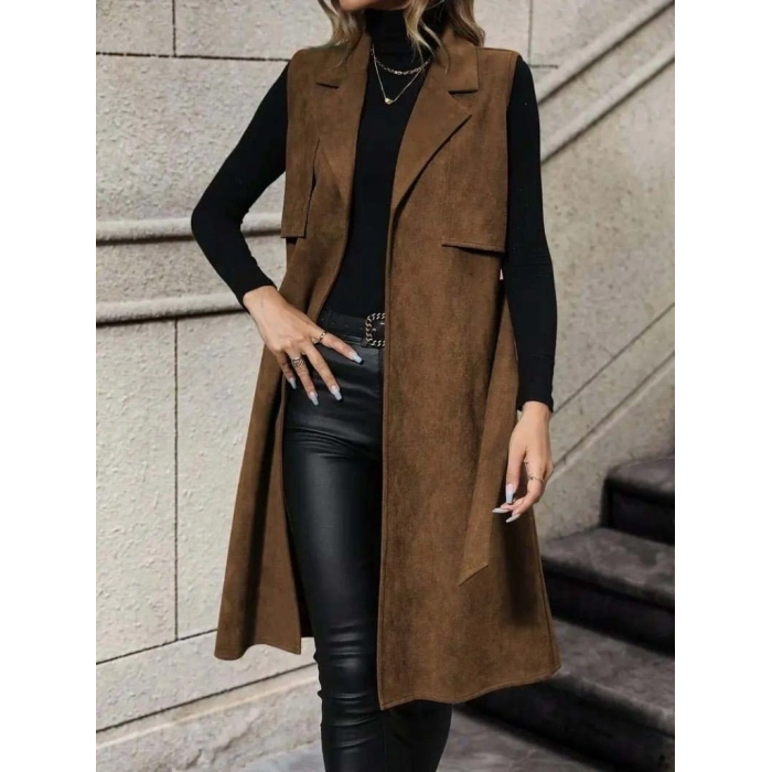 Kadın Kolsuz Yakalı önü Açık Belden Kuşaklı Süet Midi Yelek