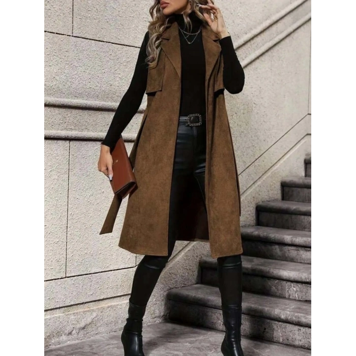 Kadın Kolsuz Yakalı önü Açık Belden Kuşaklı Süet Midi Yelek