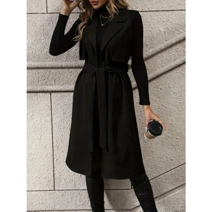 Kadın Kolsuz Yakalı önü Açık Belden Kuşaklı Süet Midi Yelek