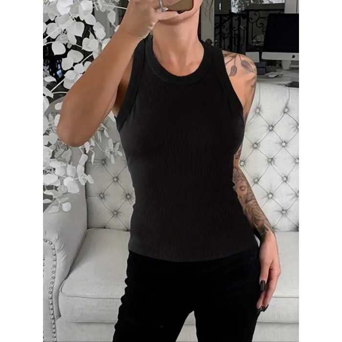 Kadın Kolsuz Yuvarlak Yaka Kalın Fitilli şardonlu Kaşkorse Bluz