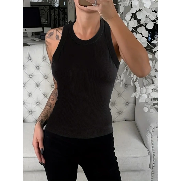 Kadın Kolsuz Yuvarlak Yaka Kalın Fitilli şardonlu Kaşkorse Bluz