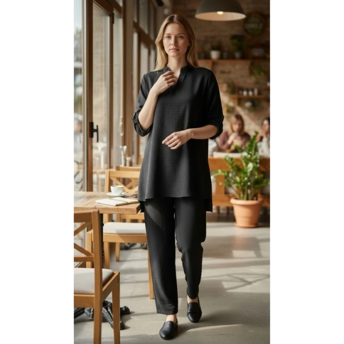 Kadın Kolu Katlanır Düğme Detay Hakim Yaka Bluzve Pantolon Sofia Keten Kumaş Ikili Takim