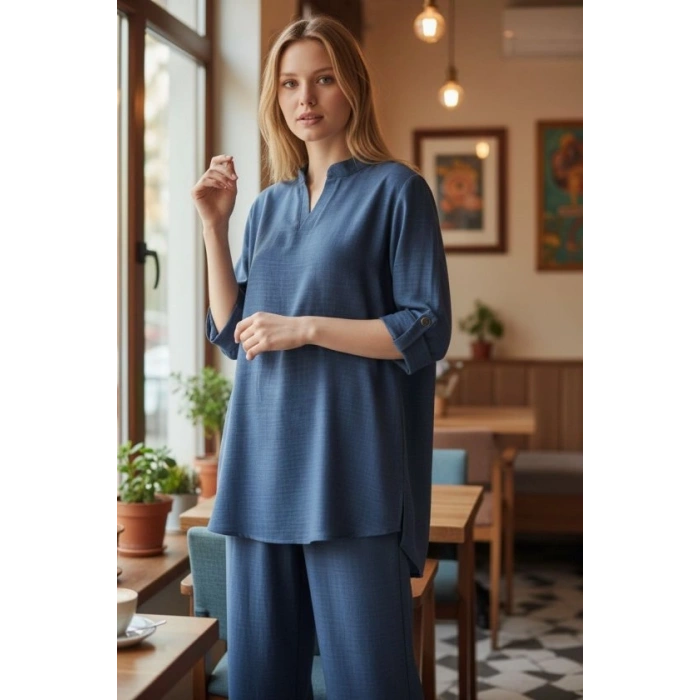 Kadın Kolu Katlanır Düğme Detay Hakim Yaka Bluzve Pantolon Sofia Keten Kumaş Ikili Takim