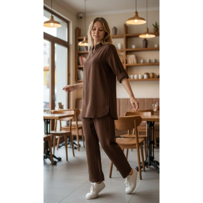 Kadın Kolu Katlanır Düğme Detay Hakim Yaka Bluzve Pantolon Sofia Keten Kumaş Ikili Takim