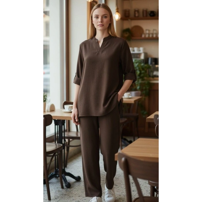 Kadın Kolu Katlanır Düğme Detay Hakim Yaka Bluzve Pantolon Sofia Keten Kumaş Ikili Takim