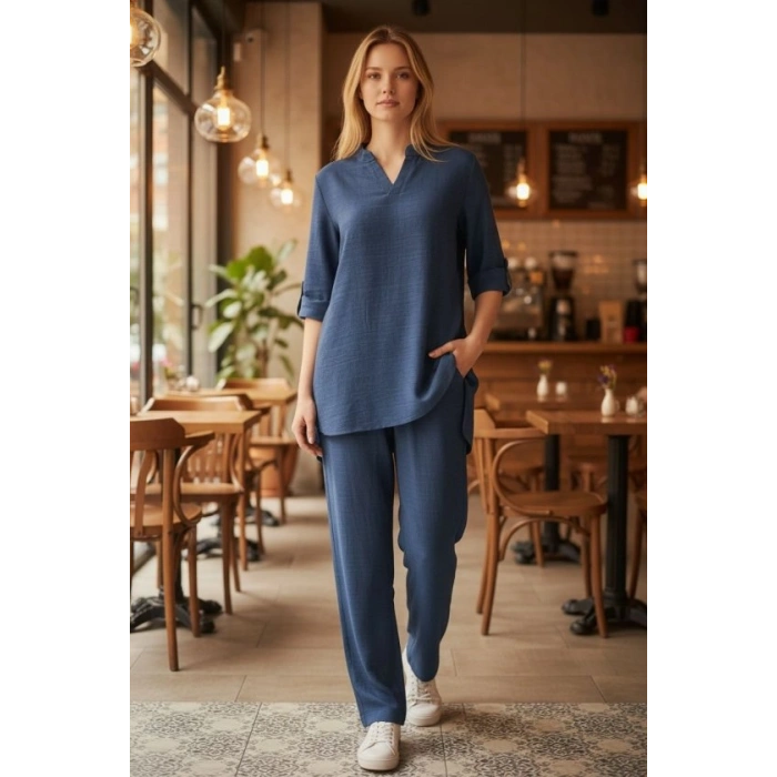 Kadın Kolu Katlanır Düğme Detay Hakim Yaka Bluzve Pantolon Sofia Keten Kumaş Ikili Takim