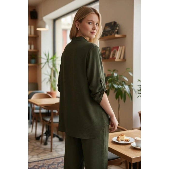 Kadın Kolu Katlanır Düğme Detay Hakim Yaka Bluzve Pantolon Sofia Keten Kumaş Ikili Takim