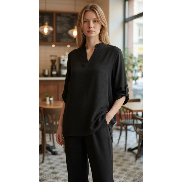 Kadın Kolu Katlanır Düğme Detay Hakim Yaka Bluzve Pantolon Sofia Keten Kumaş Ikili Takim