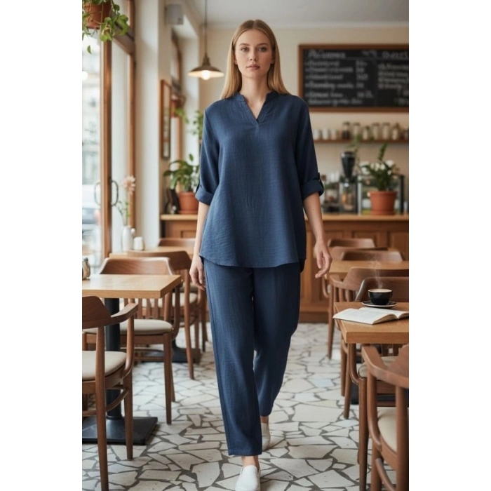 Kadın Kolu Katlanır Düğme Detay Hakim Yaka Bluzve Pantolon Sofia Keten Kumaş Ikili Takim