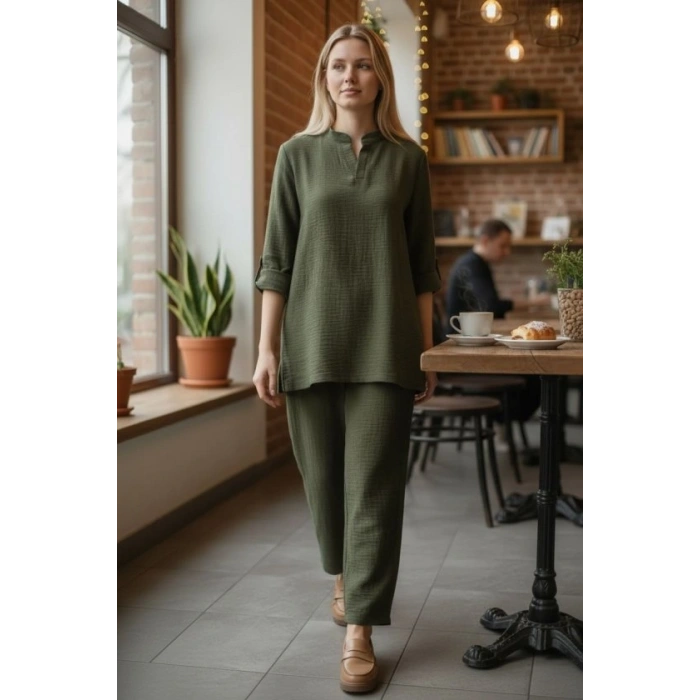 Kadın Kolu Katlanır Düğme Detay Hakim Yaka Bluzve Pantolon Sofia Keten Kumaş Ikili Takim