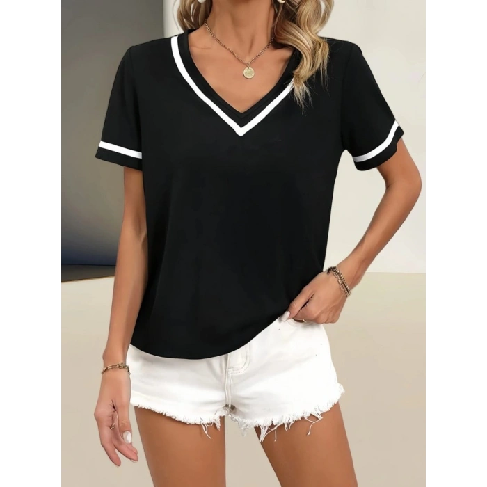 Kadın Kosa Kollu Ribanalı V Yaka Ve Kol Detaylı Viskon Bluz