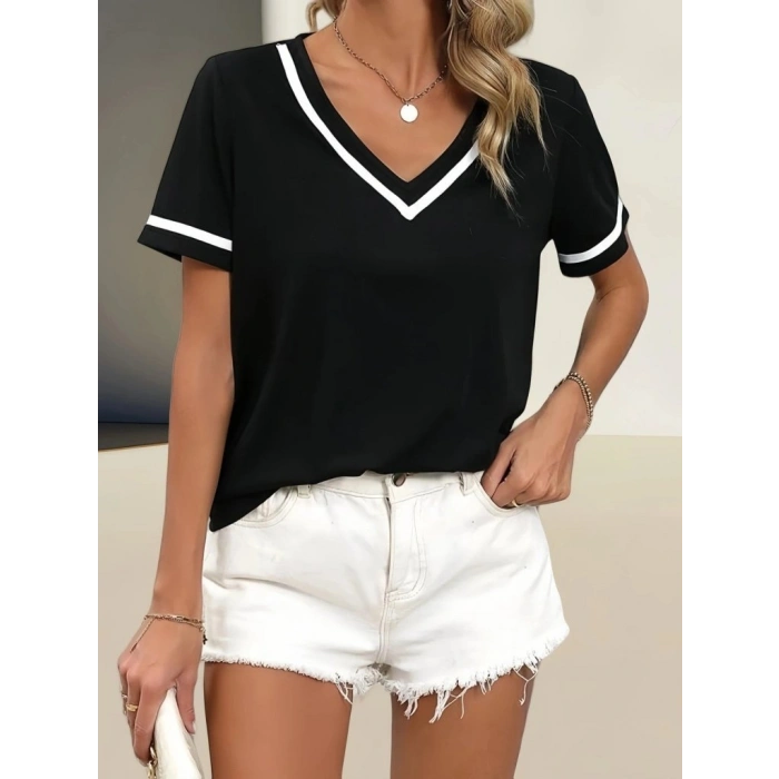 Kadın Kosa Kollu Ribanalı V Yaka Ve Kol Detaylı Viskon Bluz