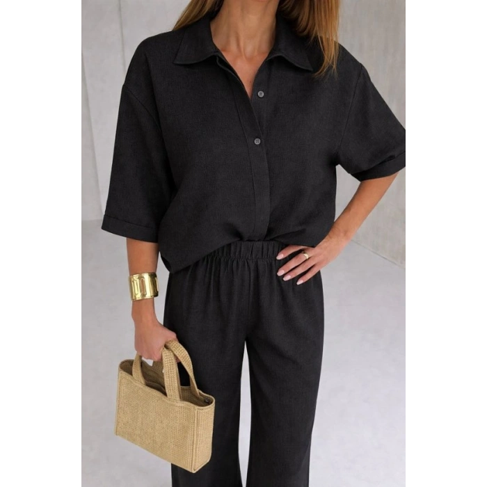 Kadın Krep Kumaş Gömlek Ve Ispanyol Paça Pantolon Ikili Takım