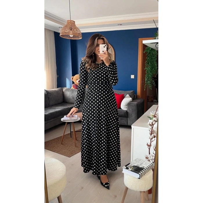 Kadın Krep Kumaş Uzun Kollu Tam Boy Puantiyeli Elbise 132 Cm