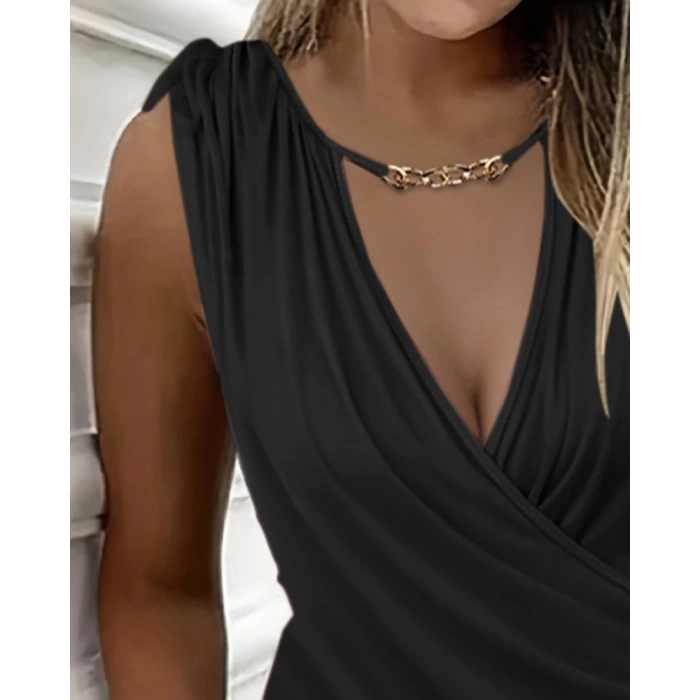 Kadın Kruvaze Yaka Büzgü Ve Zincir Aksesuar Detay Cepli Sandy Mini Elbise