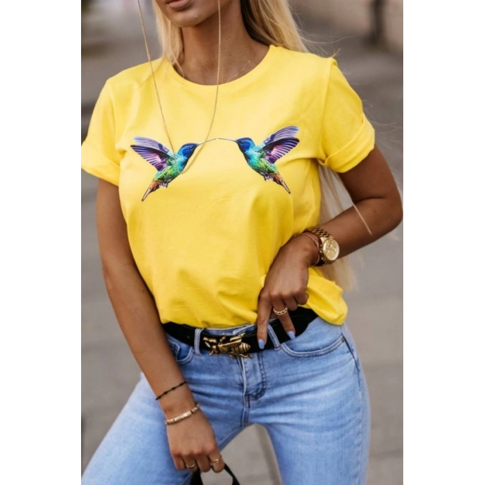 Kadın Kuş Desenli Süprem T-shirt