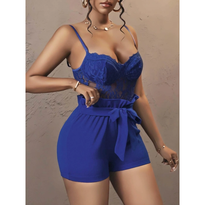 Kadın Lacivert Kuşak ve Dantel Detaylı Gece Kıyafeti 5148